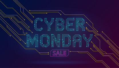 Pcb text background. Abstract technology font, cyber monday discounts, tech style backdrop, circuit letters, special offer flyer design, shopping advertising nowaday vector concept