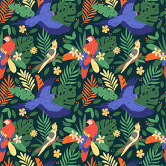Parrots seamless pattern. Beautiful flowers, tropical leaves and exotic bright birds, repeated jungle elements. Textile, wrapping paper, wallpaper. Print for fabric garish vector background