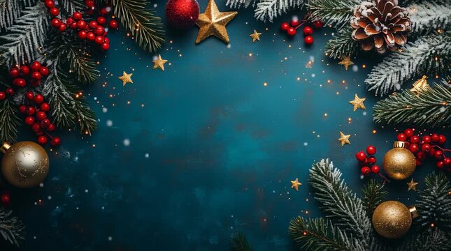 Christmas background with lights and decorations on dark blue backdrop, festive border design