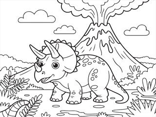 Triceratops Dinosaur with Volcano in Background – Fun Prehistoric Scene for Kids’ Coloring