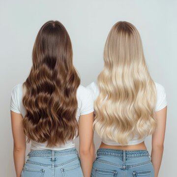 Full-Body Back View of Two Women in Blue Jeans and White T-Shirts, Neutral Studio Background, Visible Height Difference, Detailed Realistic Hair, Professional Lighting
