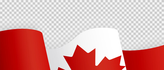 Waving flag of Canada with red maple leaf on white and red background. National celebration Canada Day and Canadian Thanksgiving. Patriotic illustration for banner, poster, postcard. Vector illustrati
