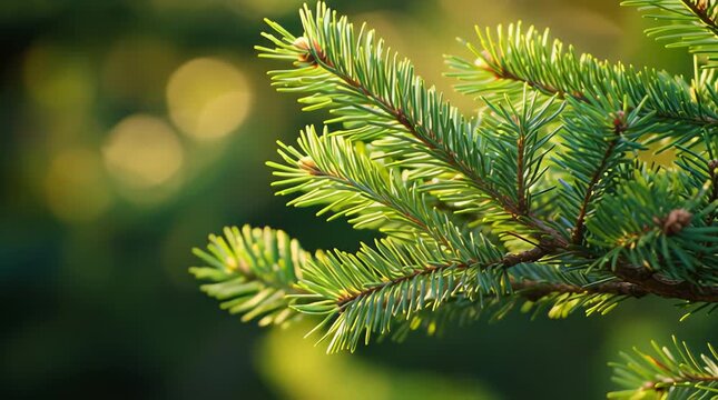 Close-up of green fir tree branches outdoors, natural Christmas background in daylight
