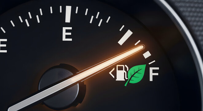 A car's fuel gauge with the needle pointing to full where a green leaf symbol represents biofuel sustainable energy or electric power