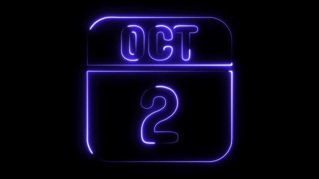 Neon calendar date October 2nd glowing purple on black background digital animation abstract concept for scheduling