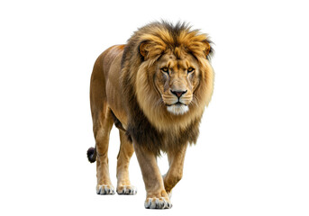 Isolated Lion walking toward the camera, a wild animal with golden fur and a striking mane