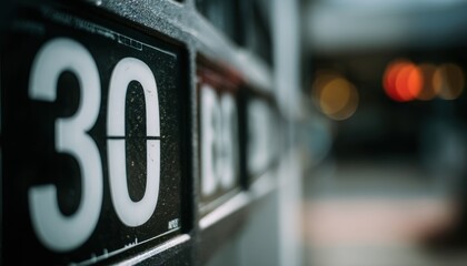 Black numbers "30" focused with blurred urban lights in background