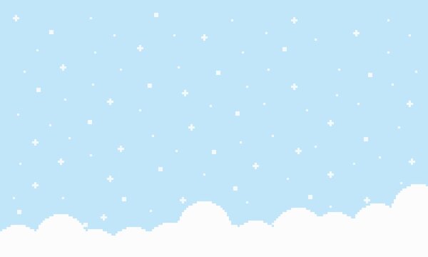 A snow-themed christmas pixel art animation with blue sky and clouds background. Perfect for holiday greetings, retro game backgrounds, winter themes, lofi background and festive digital designs. 