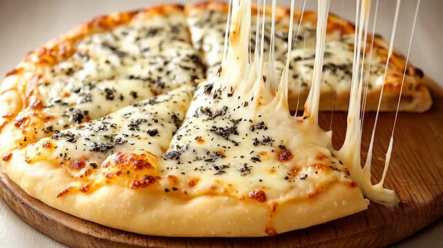 Cheesy pizza slice pulled, cheese strings, herb topping, wood board