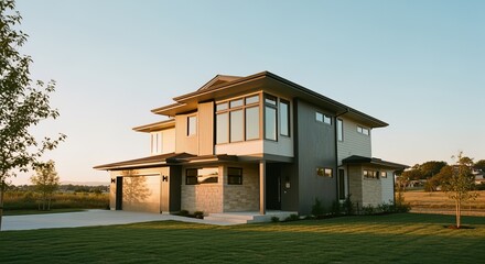 Modern Gray House Exterior with Green Lawn at Sunset