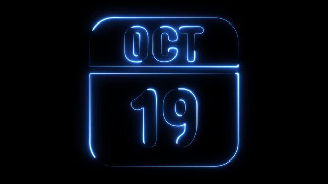 Glowing Neon Calendar Date October Nineteen 19th Day Month Event Reminder Announcement Celebration Countdown