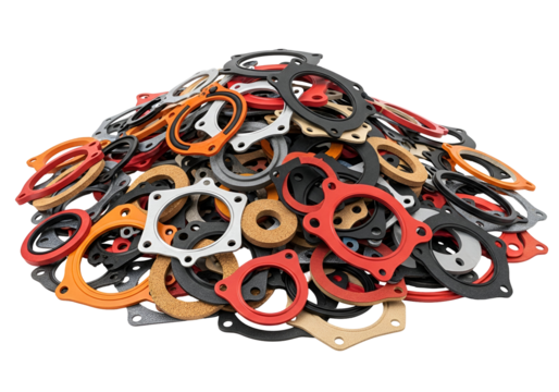 A large collection of various colored gaskets and seals, highlighting diverse shapes and sizes, displayed against a plain black backdrop.