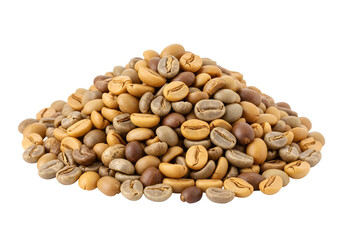 A pile of various coffee beans, showcasing a mix of colors and textures against a stark black background.