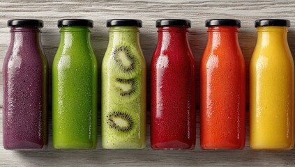 Colorful smoothie bottles in a row on a light wood surface