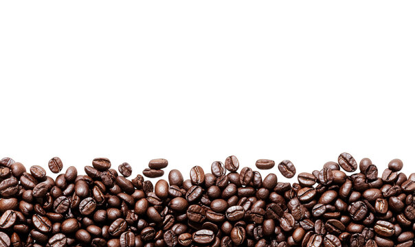 Roasted coffee beans border isolated on transparent background with copy space