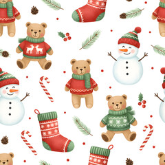 Seamless Christmas pattern with teddy bears and snowmen