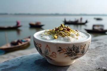 A bowl of Bangladeshi mishti doi, a sweetened yogurt dessert, garnished with pistachios, with the peaceful river landscape and traditional boats of Bangladesh in the background
