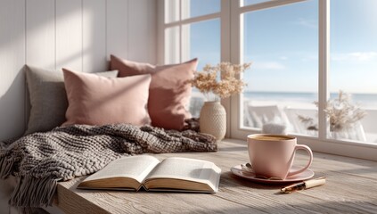 Cozy reading nook by a window, overlooking the beach. Soft pink cushions, warm blanket, open book, coffee cup