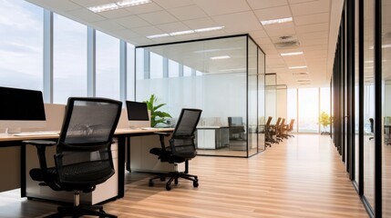 Modern office interior featuring sleek furniture, glass partitions, and natural light illuminating the space