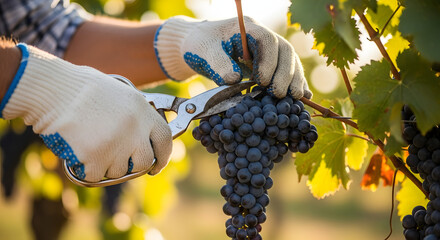 Worker using pruning shears to harvest ripe grapes from vineyard during sunset