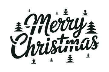 Black Merry Christmas lettering with small Christmas trees on white holiday greeting