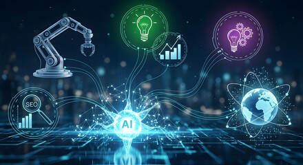 Futuristic digital concept with AI graphic, robotic arm, and holographic technology in a virtual space