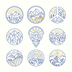 Fototapeta premium Adventure Mountain Landscape Logo Line Art, Inspiration for travel, hiking, mountaineering, made for printing, logo branding, stickers, tattoos, and more.