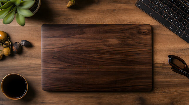 Stylish workspace flat lay with dark wood cutting board, coffee, plant, keyboard, and glasses for modern business or creative professional.