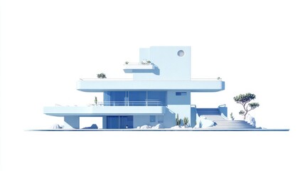 Naklejka premium Modern minimalist architectural design featuring a white building surrounded by snow and greenery against a bright sky