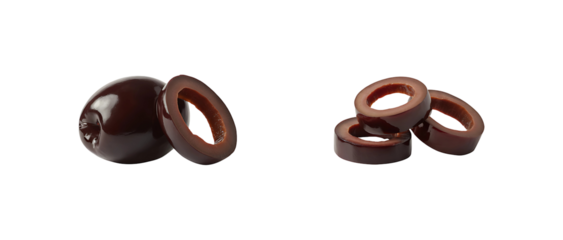 Whole and sliced black olives, a mediterranean delicacy isolated on transparent background