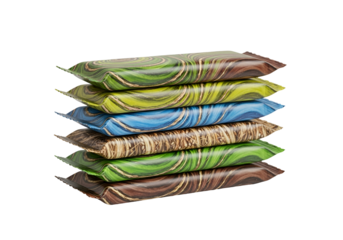 A stack of colorful, decorative snack wrappers displays a vibrant pattern of swirling marbleized designs.