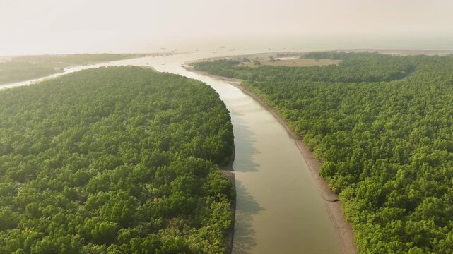 Aerial view of a river snaking through a vibrant green forest, with the river's muddy waters contrasting against the lush foliage, Sundarban, Khulna Division, Bangladesh.