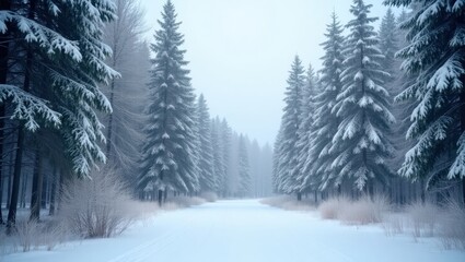 Obraz premium A tranquil winter scene, showcasing a snow-dusted forest pathway, enveloped in a soft, misty ambiance.