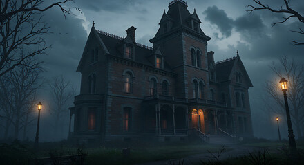 Spooky Manor House Atmospheric illustration of a historic mansion shrouded in mystery and fog