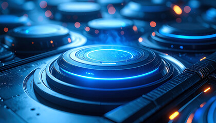 Technological Blue Energy: A vibrant composition of technological components, illuminated with bright blue and orange energy, showcases the fusion of design and innovation.