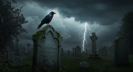 A solitary raven perches on an ancient, moss-covered tombstone in a dark, stormy graveyard, with a dramatic lightning strike illuminating the eerie, foreboding atmosphere of a timeless resting place