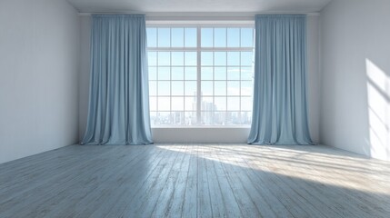 Bright and Airy Empty Room with Large Window and Soft Blue Curtains Bathed in Natural Light
