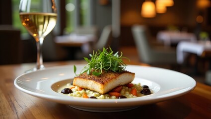 A delectable dish of pan-seared fish atop a bed of seasoned couscous and vegetables, presented on a fine white plate, with a backdrop of a restaurant setting.