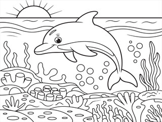 Dolphin and Coral Reef – Playful Underwater Ocean Scene for Kids to Color