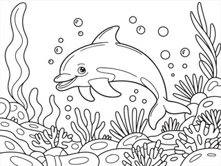 Happy Dolphin Swimming Underwater – Fun Ocean Scene for Kids’ Coloring