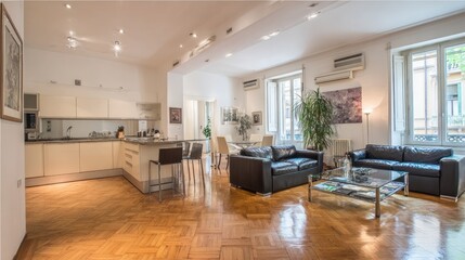 Modern and Spacious Living Room with Stylish Furniture and Open Kitchen Design in Bright Apartment