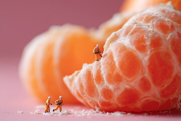 Tiny workers explore a peeled orange, climbing its textured rind in a whimsical, bigger-than-life construction scene.