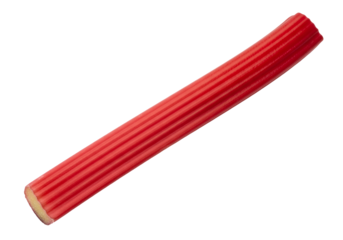 Vibrant red striped candy, a single, long piece against a black background, showcasing its rippled texture and bright color.