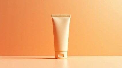 A light beige tube of cosmetic product stands out against a plain peachy-orange backdrop, highlighting its smooth surface and simple design.