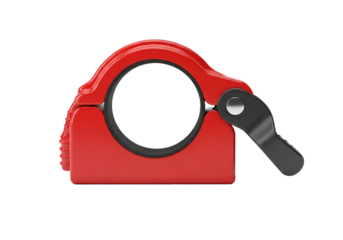 A red clamping tool with a black lever, featuring a circular shape and detailed design elements, is displayed against a solid black backdrop.