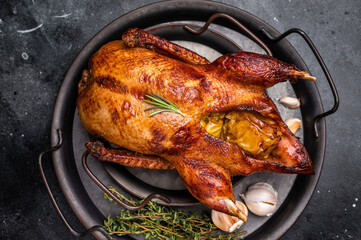 Roasted whole goose on steel tray. black background. top view © Mironov