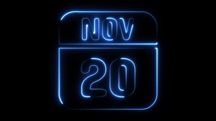 November twenty calendar date neon glow animation blue light effect on black background for event planning scheduling
