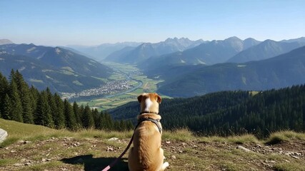 A dog gazes out over a vast valley nestled among majestic mountains.