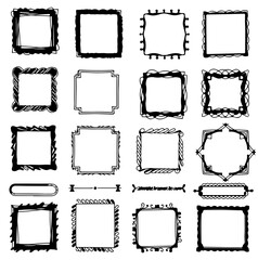 Doodle line frame set, scribble hand drawn border collection, wavy cute minimal decor, square boxes. Trendy simple geometric shape graphic, ornate whimsical design object. Empty black ink doodle frame