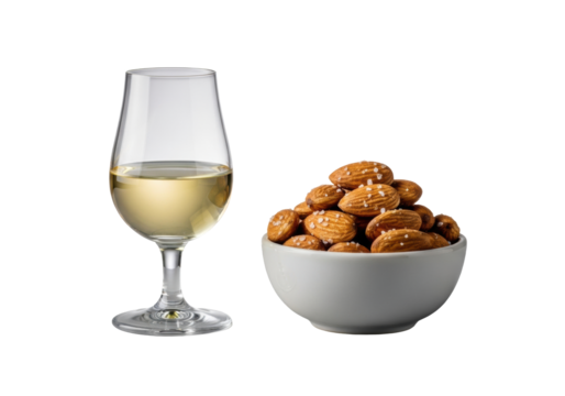 Pale Fino sherry in a delicate copita glass and golden Marcona almonds in an elegant ceramic bowl, meticulously arranged on a neutral surface, elegant Andalusian culinary pairing